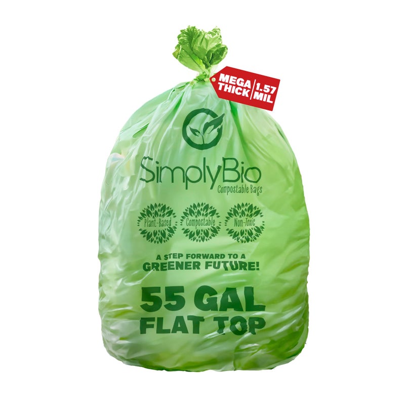 Simply Bio 50-55 Gallon Compostable Trash Bags Liners Flat-Top, Heavy Duty Extra Thick 1.57 Mil, 208.2 Liter, 12 Bags, Lawn, Yard, and Restaurant Use, ASTM D6400, US BPI, OK Compost Home Certified - Image 1